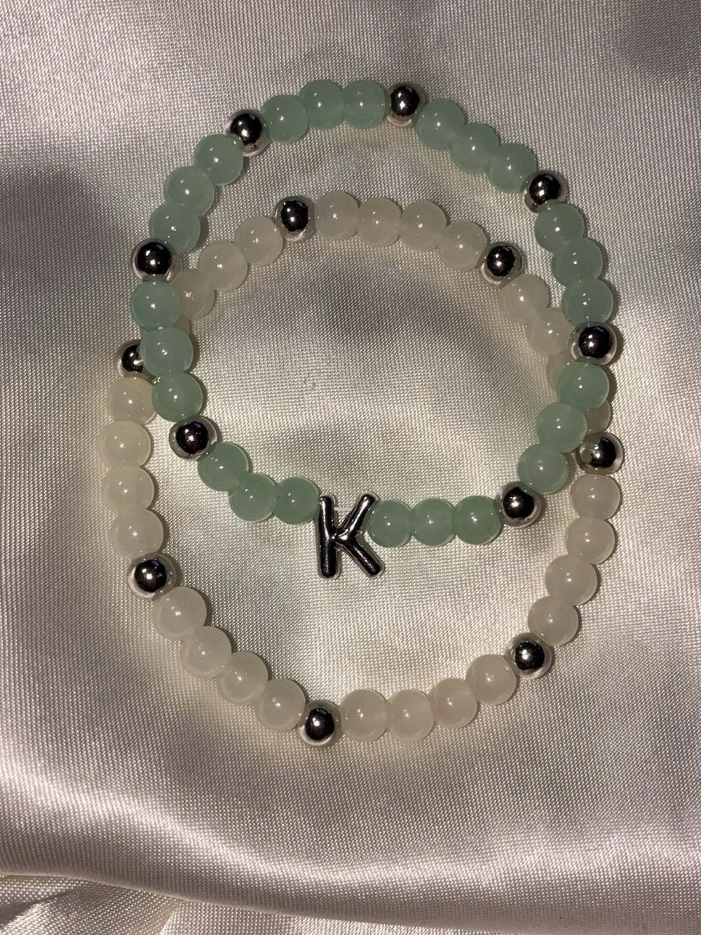 Initial K Green and White Beaded Stretch Bracelet Set